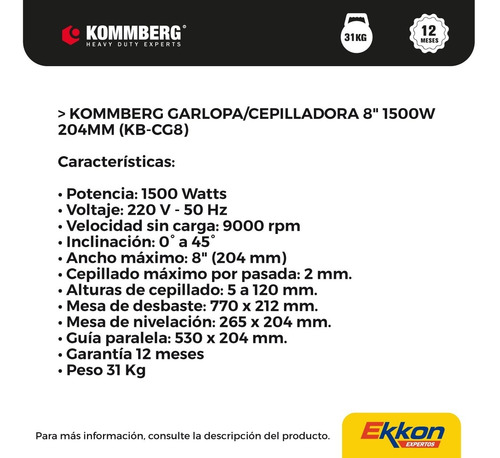 Imagen 2 de 7 de Garlopa Cepilladora Banco Kommberg 1500w 2cuchilla Combinada
