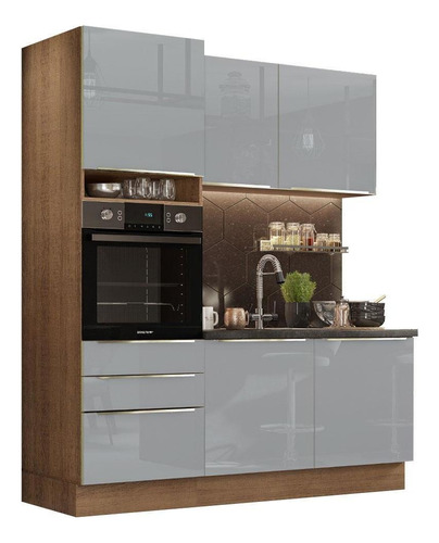 Cozinha Compacta Madesa Lux Com 5 Portas 3 Gavetas Cor Rustic/Cinza