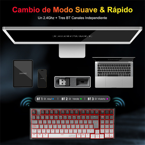 Terport 90% Teclado Mecánico Inalambrico En Español Tr95 Volcán, Bluetooth+usb+cable Removible, Outemu Red Switch Hotswap, 95 Teclas Antighosting, Luces Rgb, Juegos&oficina Win/mac