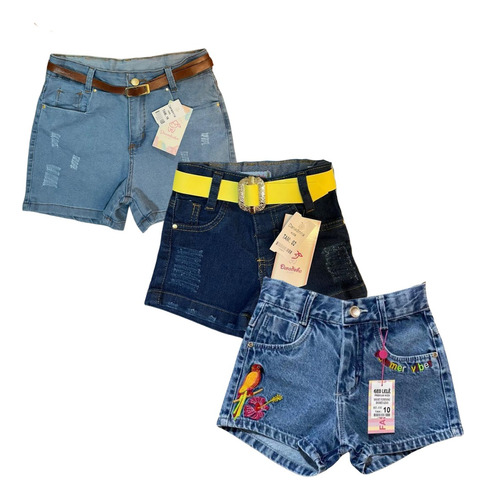 Kit 3 Shorts Jeans Lycra Feminino Meninas Infantil 2 Ao 16 