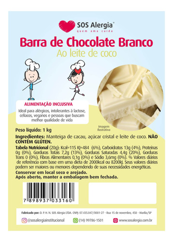 Barra De Chocolate Branco Sem Leite 1 Kg
