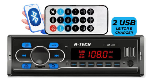 Auto Rádio MP3 H-Tech HT-1023 Bluetooth USB SD FM Controle Remoto