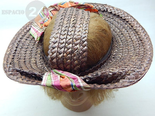 Antiguo Sombrero Fibra Vegetal Color Bronce Original Diseño