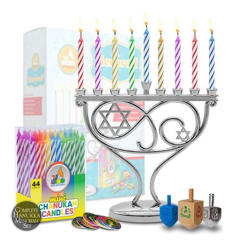 Ner Mitzvah Mini Menorah Set - Menorah, 44 Mini Candles, 3 D