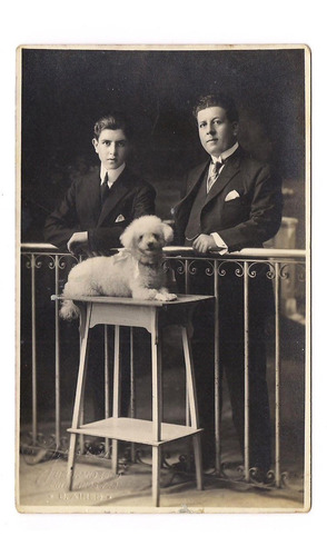 Antigua Postal Foto Hombre Perro Sobre Mesa Retrato 24 B3