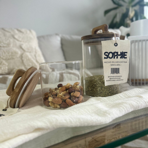 Frasco De Vidrio Con Tapa De Madera Acacia Y Asa Hermético Chico