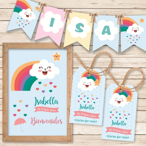 Mini Kit Imprimible Arcoiris Lluvia De Amor Nubes Corazones