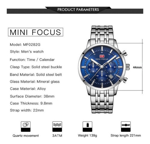 Relojes Impermeables Con Calendario De Cuarzo Mini Focus Color Del Fondo Plateado/azul