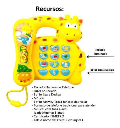 Brinquedo Telefone Infantil Musical Bebê Educativo Girafinha Cor Amarelo N/A