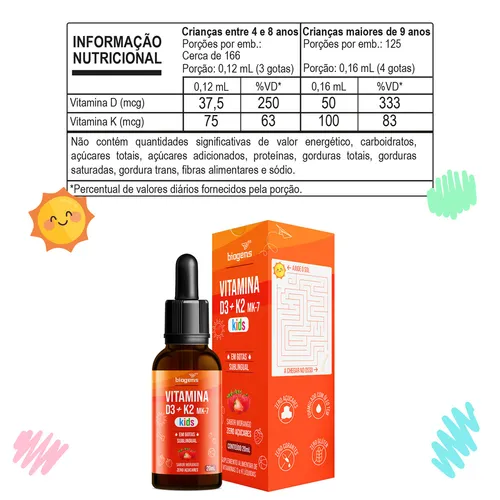 Vitamina D3 + K2 Mk-7 Kids, Em Gotas, Sublingual D3 2000ui | K2 100 mcg, Sabor Morango, 20 ml, Biogen