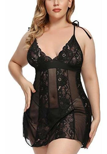 Conjunto De Camisón De Encaje Sexy Babydoll Negro De Talla G