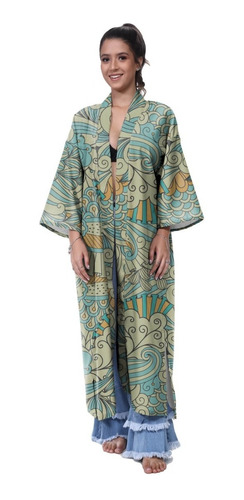 Kimono Haori Longo Oriental Dragão Oni Japonês Japão Carpa