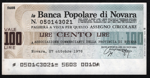 Italia Bono/billete 100 Liras Del Año 1977  Banca Di Novara