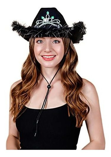 Black Cowgirl Light Up Tiara Hat With Feather Trim - Nljv8