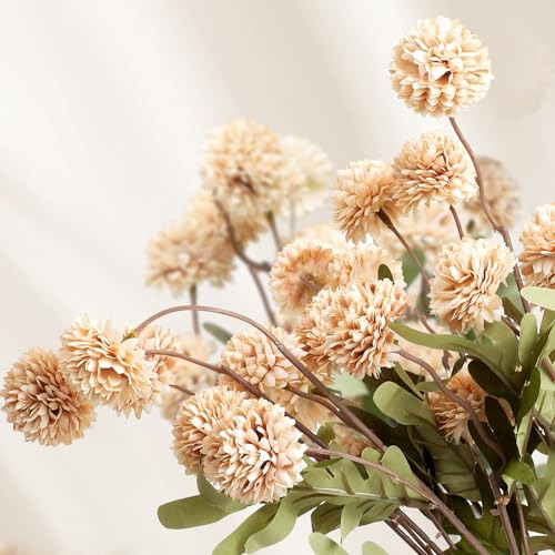 Flores Artificiales Pompon Mums En Tono Beige, 8 Tallos De C