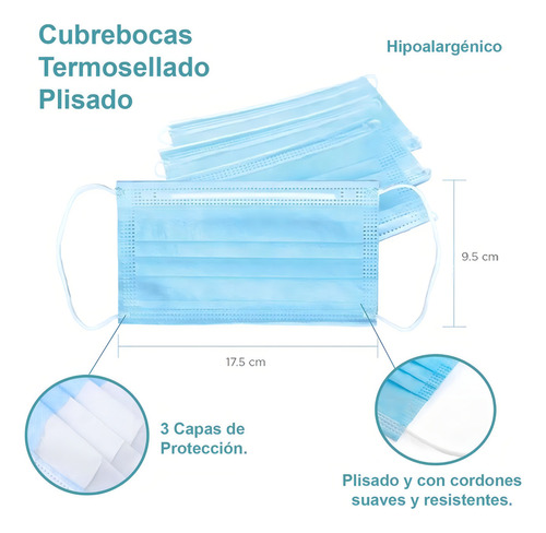 Cubrebocas Tapabocas 3 Capas Con Filtro Protector 50 Piezas Color Azul adulto