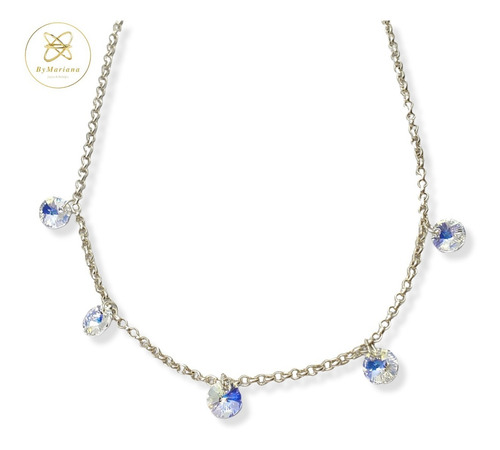 Cadena Plata Con 5 Dijes Cristal Swa Aurora Boreal 8mmx45cm