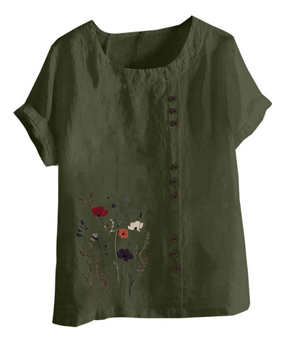 Una Blusa Casual Y De Lino Estampada Con Cuello Redondo Y Ma