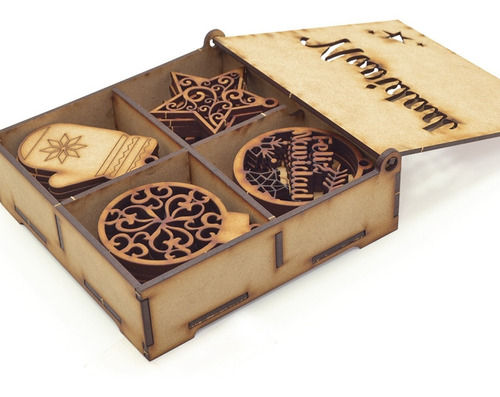 Caja + Adornos Navideños - Set Decoración Navidad - Mdf - Ef