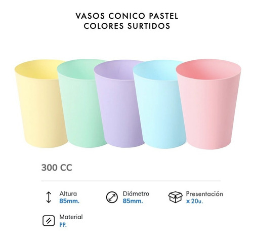 Imagen 2 de 9 de Vaso Conico X 20 Fluo Pastel Colores Tragos Postres Fiestas