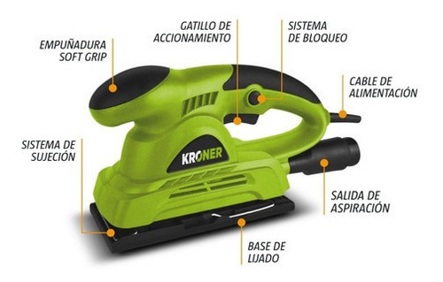 Imagen 2 de 4 de Lijadora Orbital Kroner 12000 Opm 180 Watts Uso Profesional 220 Volts Verde 50