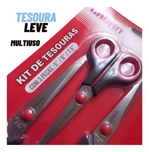 Kit Tesouras Com 3 Peças 5 6 7,5 Polegada Costura Escolar