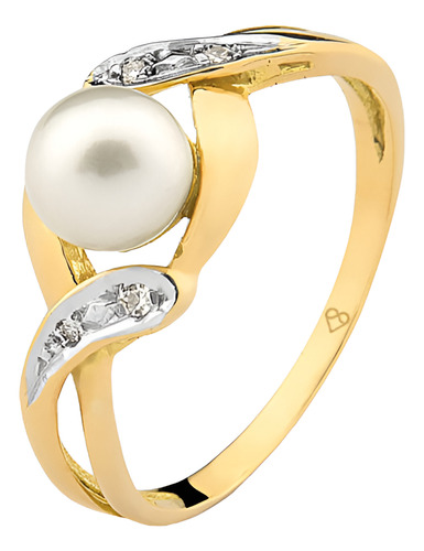 Anel Em Ouro 18k Com Pérola E 2 Pontos De Diamante Aro 24