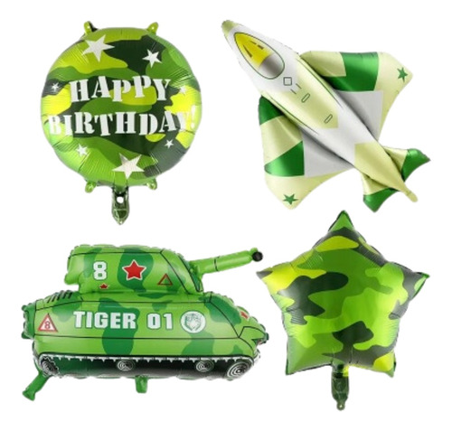 Set De 4 Globos Temáticos De Camuflaje Y Guerra