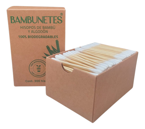 Cotonetes Hisopos Bambú Algodón 100% Biodegradables 300 Pzas