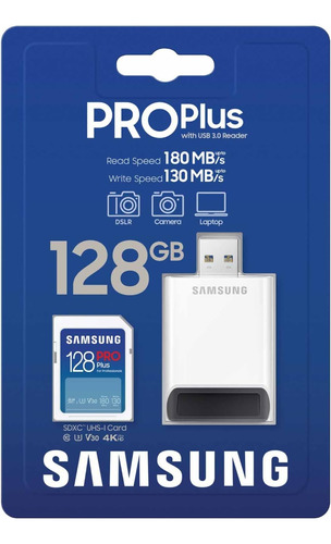 Memoria Samsung Pro Plus De 128 Gb + Lector 180 Mb/s 4k 