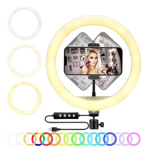 Aro De Luz Led Rgb 10 Pulgadas 26 Cm Alimentación Usb Con Base Y Soporte Para Celular Para Fotografía Iluminación Transmisiones En Vivo