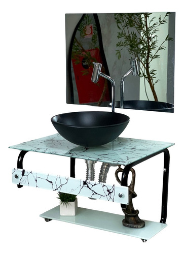 Gabinete Para Banheiro Lavabo Lavatorio Carrara Preto 60cm Pia Redonda 35 Móvel Marmorizado Carrara Branco