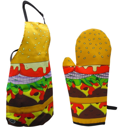 Imagen 1 de 9 de Delantal De Cocina Hamburguesa + Guante Manopla Hamburguesa
