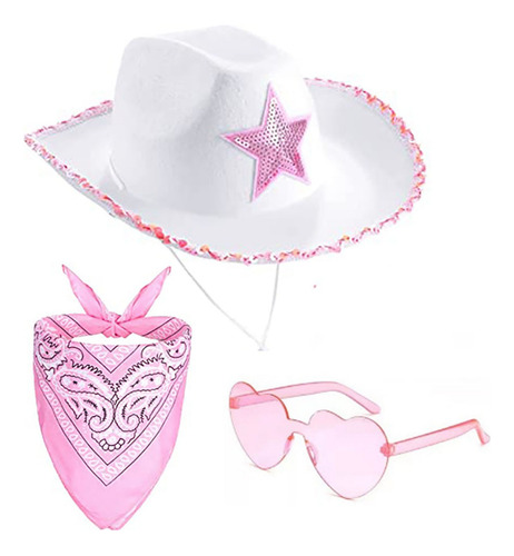 Sombrero Vaquero De Fiesta+lentes Forma De Corazon Y Pañuelo