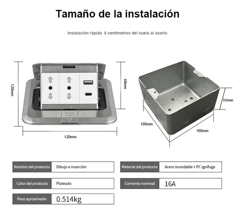 Kit Caja De Piso Pop Up Metálica 2 Tomas 16a + Type-c + Usb