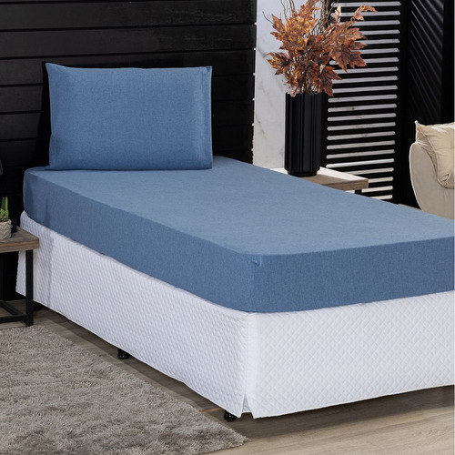 Jogo Roupa Cama Lençol Solteiro 400 Fios 2 Peças Barra Hotel Cor Linho azul Desenho do tecido Liso