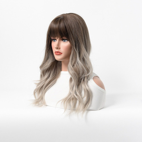 Peluca Larga Rizada Gradient Air Bangs Gold Wave