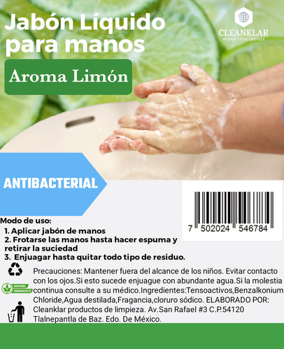 Jabón Líquido Manos Antibacterial Limón 5l Cleanklar