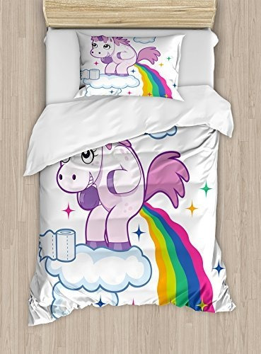 Ambesonne Funny Duvet Cover Set Twin Size, Unicorn Poopin
