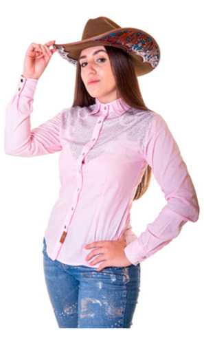 Camisa Country Feminina Velho Oeste Horseshoe Rosa C/ Brilho
