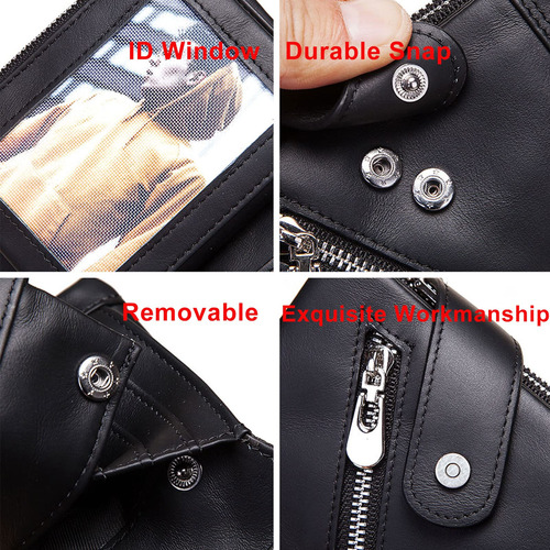 Cartera Hombre Cuero Genuino Rfid Doble Cremallera Con Caden
