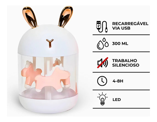 Umidificador Carrossel Abajur Com Led Branco