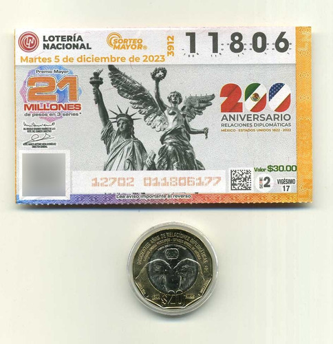 Billete De Lotería 200 Aniv Relaciones México -eu 