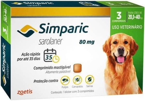 Simparic 20,1-40kg 3 Comprimidos Mastigáveis De 80mg P Cães