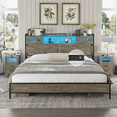 Cama King Con Luces Led Y Estación De Carga, Rústica Con Alm