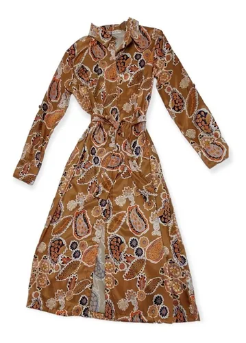 Vestido Largo dorado Floreado Manga Larga Abotonado