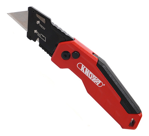Navaja Plegable Profesional Retráctil De liberación Rápida Con mango Ergonómico Fabricado en Aluminio Color Rojo de 15 Cm con porta Navajas Modelo KN 7974 Knova