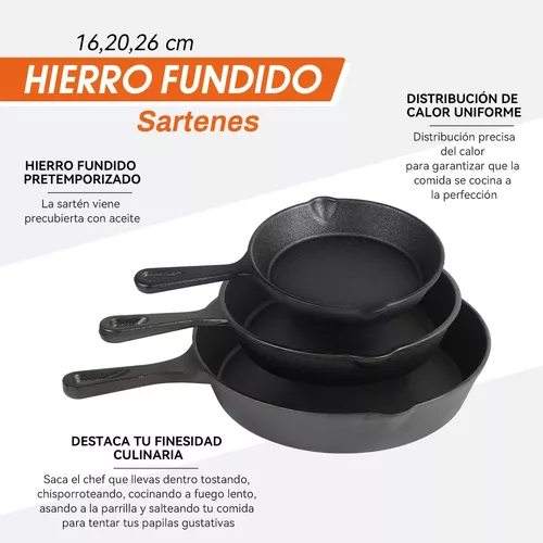 Set de 3 Sartenes de Hierro Fundido Antiadherente para Cocina Casa