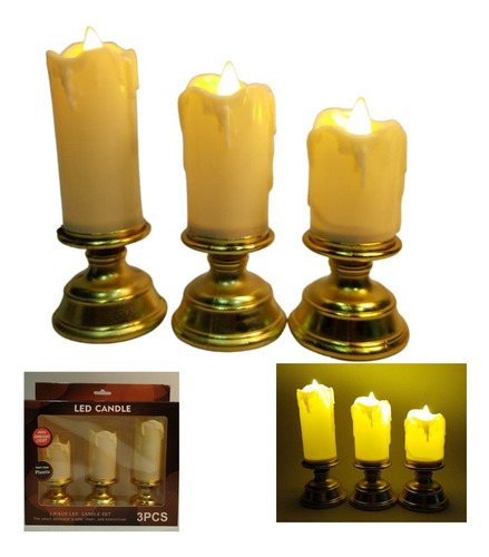 Velas  Luz Led Por 3 Und Con Candelabro Decoración 