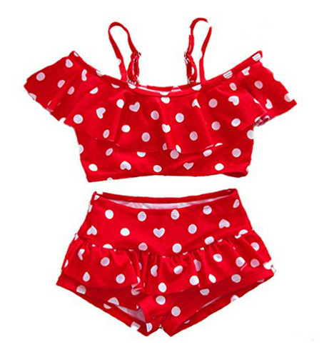 Conjunto Traje De Baño Bebé Niña Lunares Rojo Con Falda - 2 Piezas